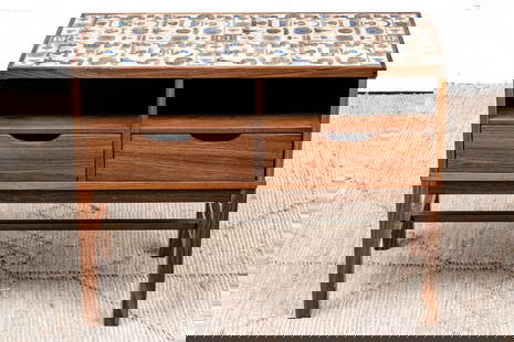 Vintage BACA Tile Chest By Severin Hansen Jr. With Royal Copenhagen: A stunning, vintage Severin Hansen Jr. BACA accent console sporting a rectangular top with beautiful Royal Copenhagen ceramic tiles in cream-beige, brown, and blue with striking geometric fine-lined d