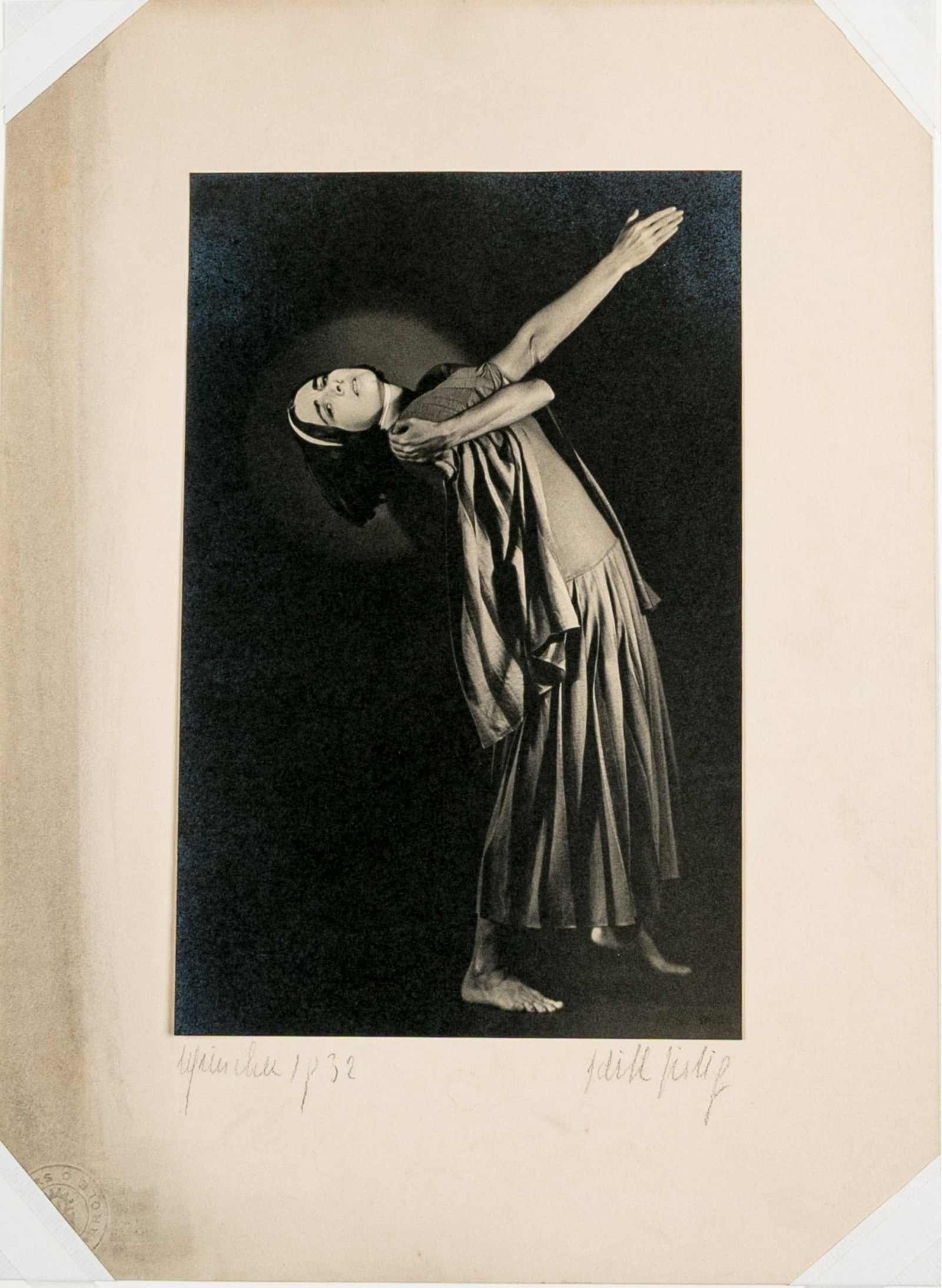 Edith Zistig (German, A. 1930's) Ruth Page In "Lement" Signed Gelatin Silver Print: Edith Zistig (German, a. 1930's) Ruth Page in "Lement" gelatin silver print depicting a woman in a long dress standing in a dramatic stretching pose with one hand reaching around to the opposite shoul