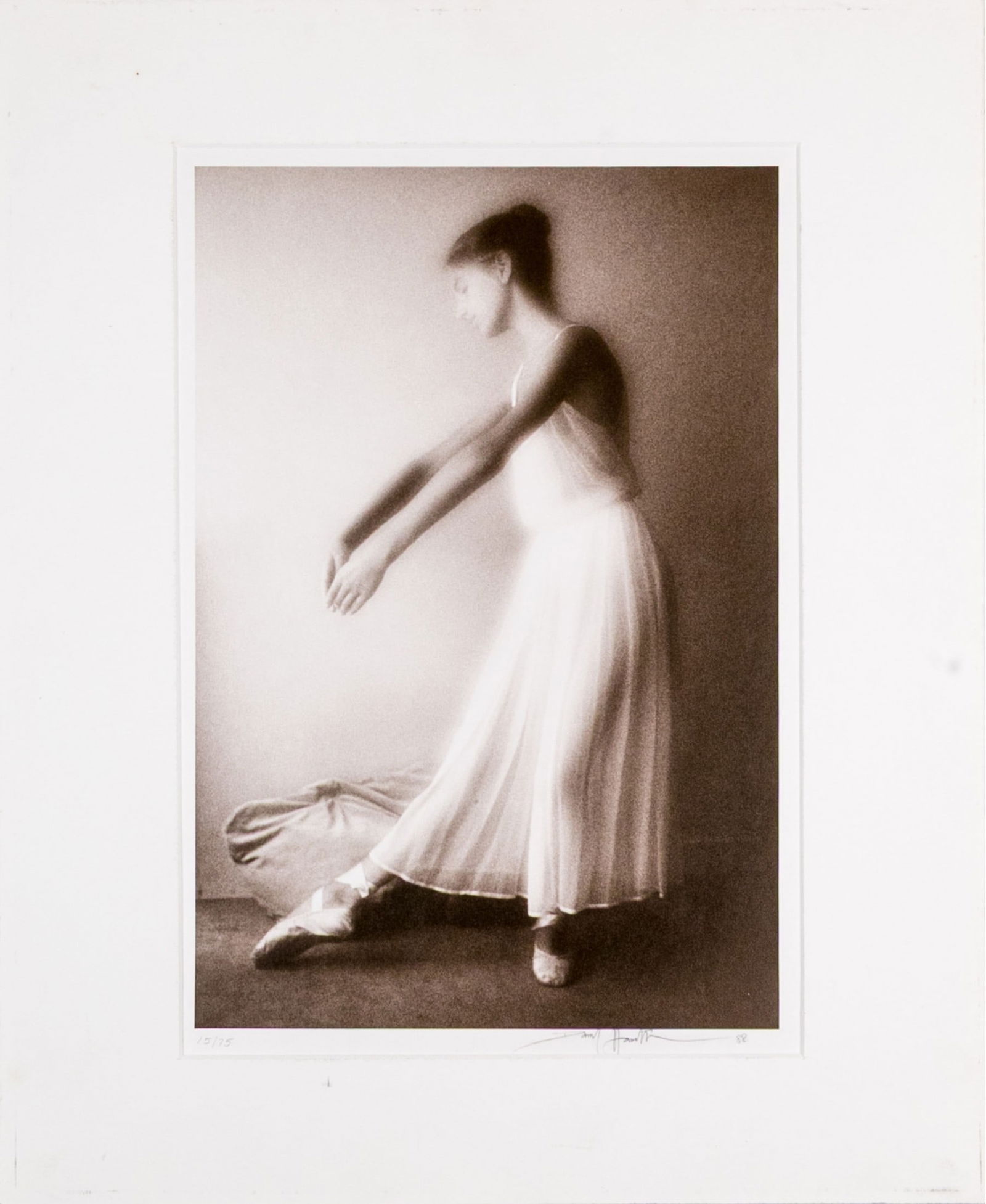David Hamilton (British, 1933-2016) "Dance Steps" Signed Gelatin Silver Print: David Hamilton (British, 1933-2016) "Dance Steps" gelatin silver print depicting a woman dancing in a long white dress, posed in profile with one foot extended. Signed and dated '88 lower right, numbe