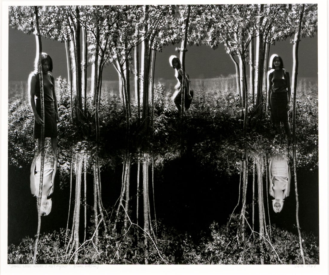 Jerry Uelsmann (American, 1934-2022) "Small Woods Where I Met Myself" Signed Gelatin Silver Print: Jerry Uelsmann (American, 1934-2022) "Small Woods Where I Met Myself" gelatin silver print depicting three female figures in a forest reflected in inverse below. Initialed and dated 1967 lower right, 