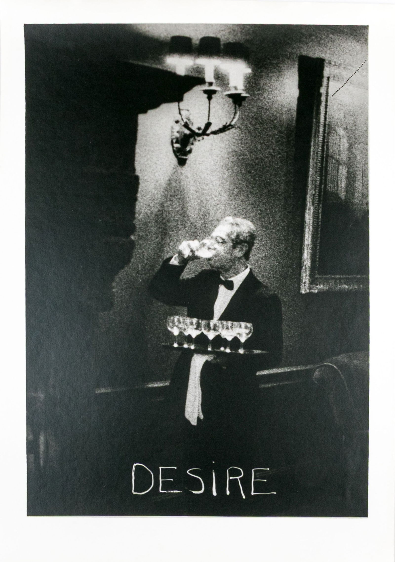 David Seltzer (American, B. 1947) "Desire" Signed Large Gelatin Silver Print: David Seltzer (American, B. 1947) "Desire" large gelatin silver print from "Knowledge of the Raw" depicting a butler carrying a tray of drinks taking a drink for himself in an elegant, dark interior.