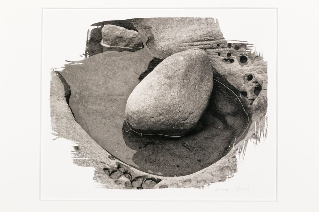 George Lewis (American [CA], 20th C.) "Pool & Rock" Signed Platinum Palladium Photographic Print: George Lewis (American [CA], 20th C.) "Pool & Rock" platinum palladium photographic print depicting a view of a rounded boulder in a pool of water with a rocky landscape pitted with circular erosion.