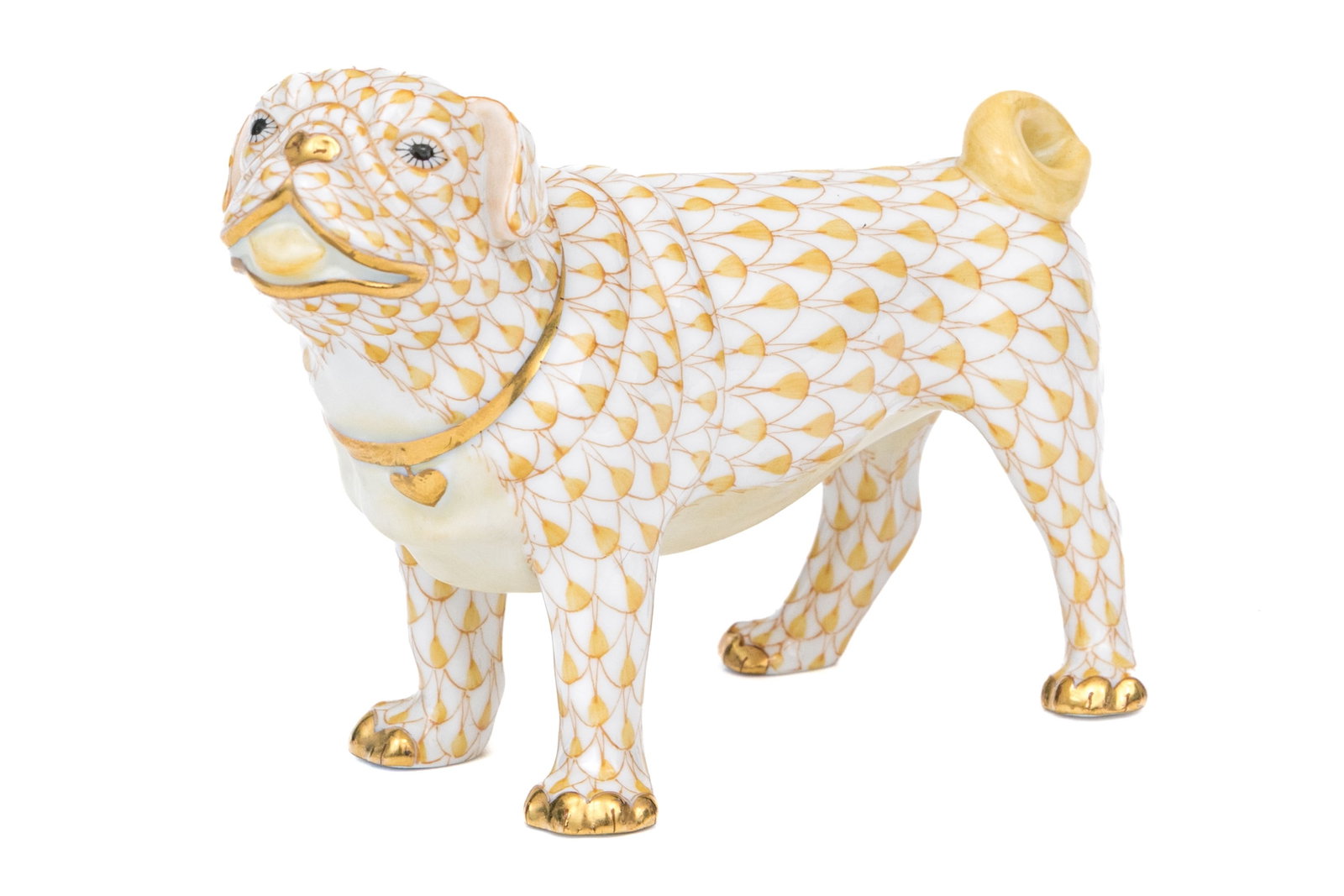 Herend Hungary Hand-Painted Porcelain Pug Figure, 1st Edition Butterscotch Fishnet Pattern (1 of 6)