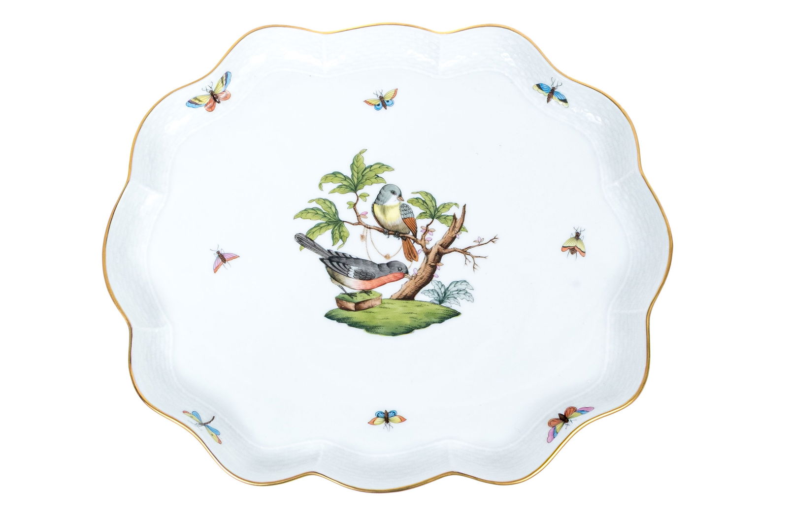 Herend Hungary Hand-Painted Porcelain Scalloped Tray, Rothschild Bird (RO) Pattern (1 of 7)
