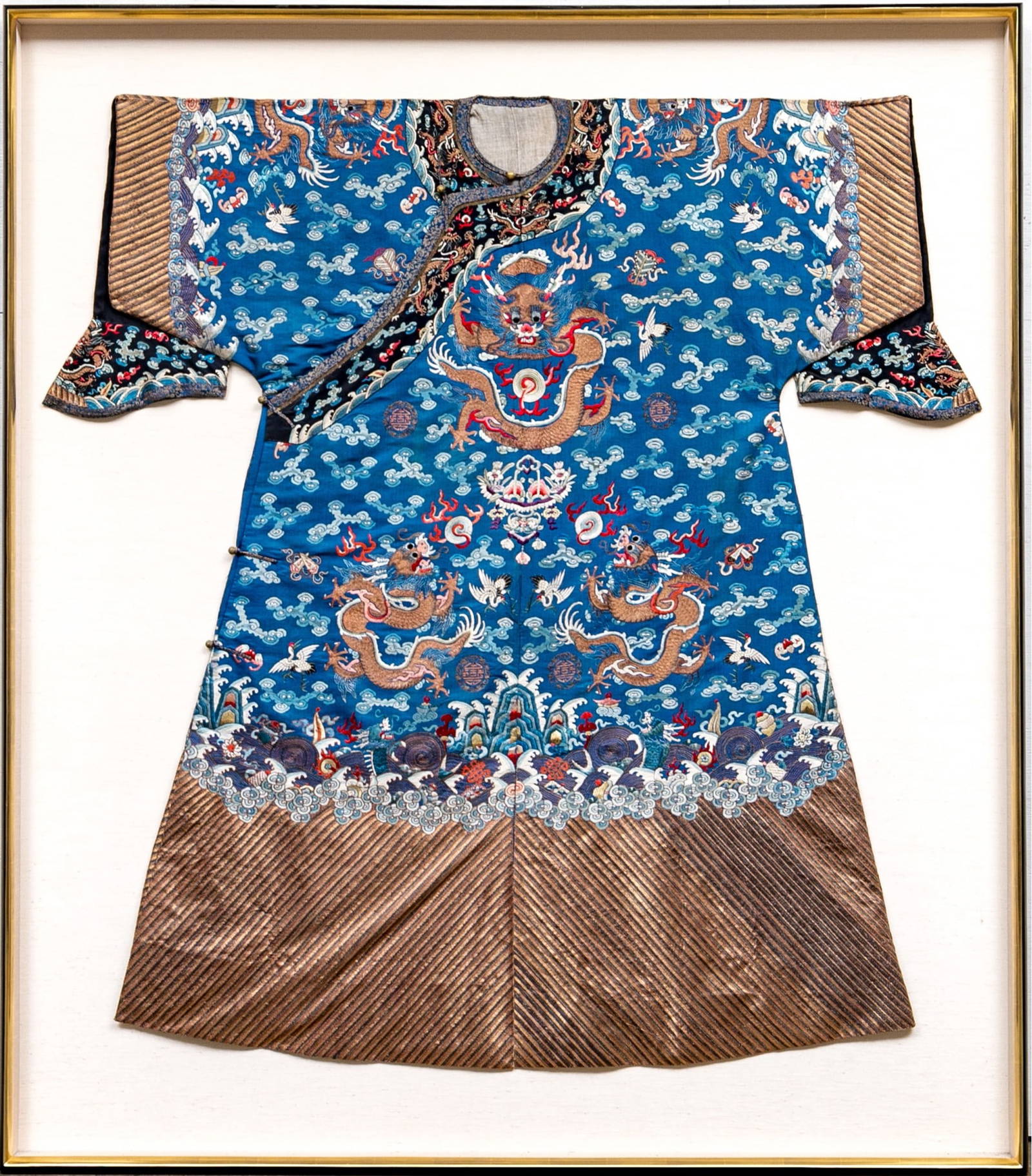 Exquisite 19th C. Chinese Embroidered Silk Longpao 'Dragon' Robe, Qing Dynasty