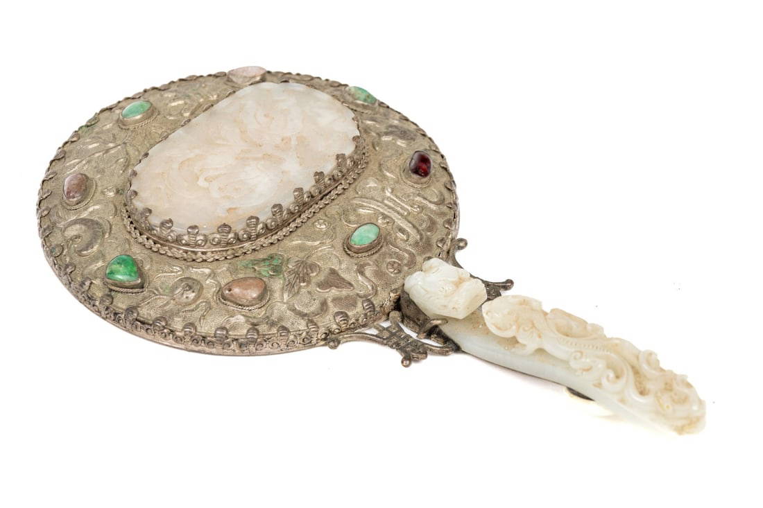 Chinese Carved Jade Buckle Form Handled Vanity Mirror With Carved Oval Plaque