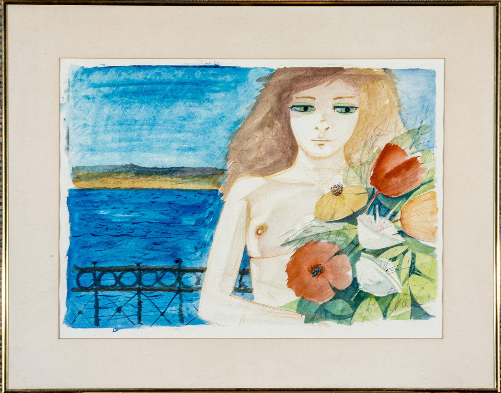 CHARLES LEVIER (FRENCH, 1920-2003) SIGNED WATERCOLOR, NUDE WITH FLOWERS: Charles Levier (French, 1920-2003) watercolor painting on paper depicting a nude partially obscured by a colorful bouquet of flowers with her back to a lattice fence that borders the blue waters, roll