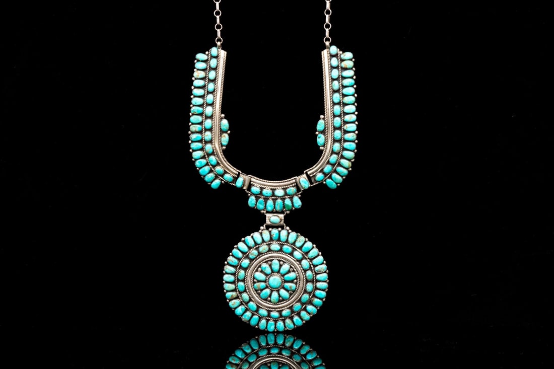 IMPORTANT NAVAJO JULIANA WILLIAMS STERLING SILVER AND TURQUOISE SUN WHEEL NECKLACE (1 of 9)