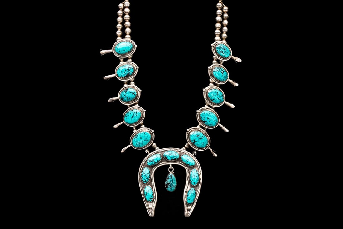 SIGNED STERLING SILVER SPIDERWEB TURQUOISE SET SQUASH BLOSSOM NECKLACE (1 of 9)