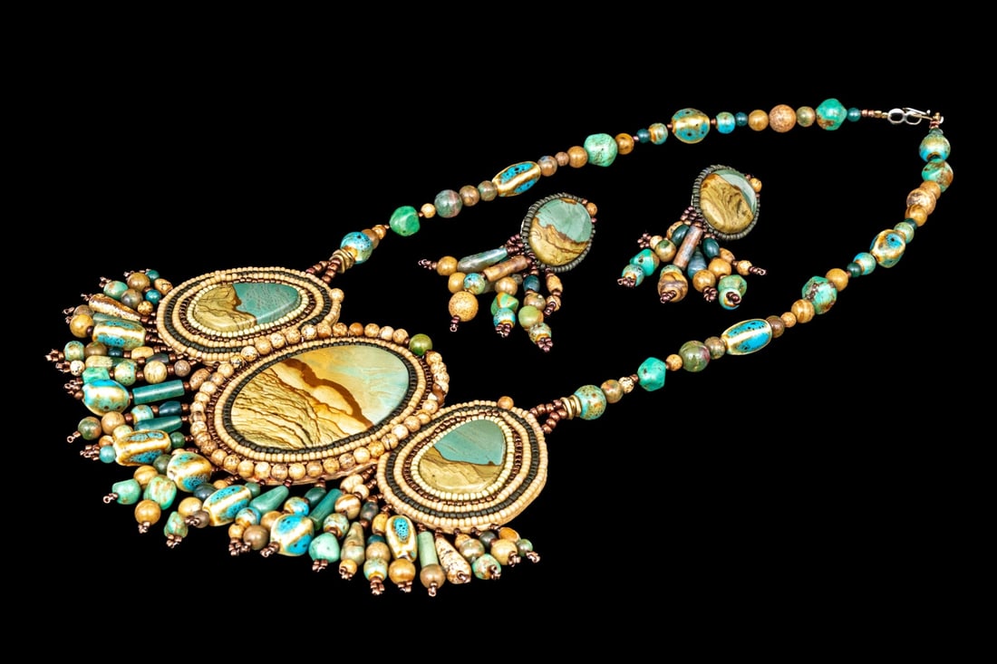 SPECTACULAR BEAD EMBROIDERED LANDSCAPE JASPER TRYPTICH BIB NECKLACE, WITH MATCHING EARRINGS (1 of 20)