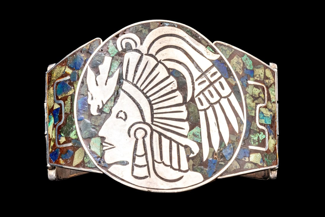 JOSE ANTON, STERLING TAXCO UNUSUAL ULTRA WIDE INLAID GRADUATED PANEL BRACELET (1 of 7)