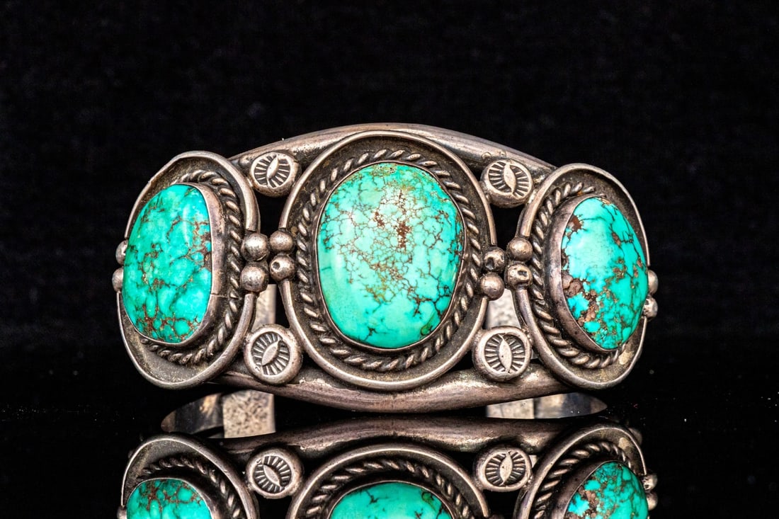 STERLING SILVER MAGNIFICENT WIDE SOUTHWESTERN TRIPLE TURQUOISE CUFF BRACELET (1 of 9)
