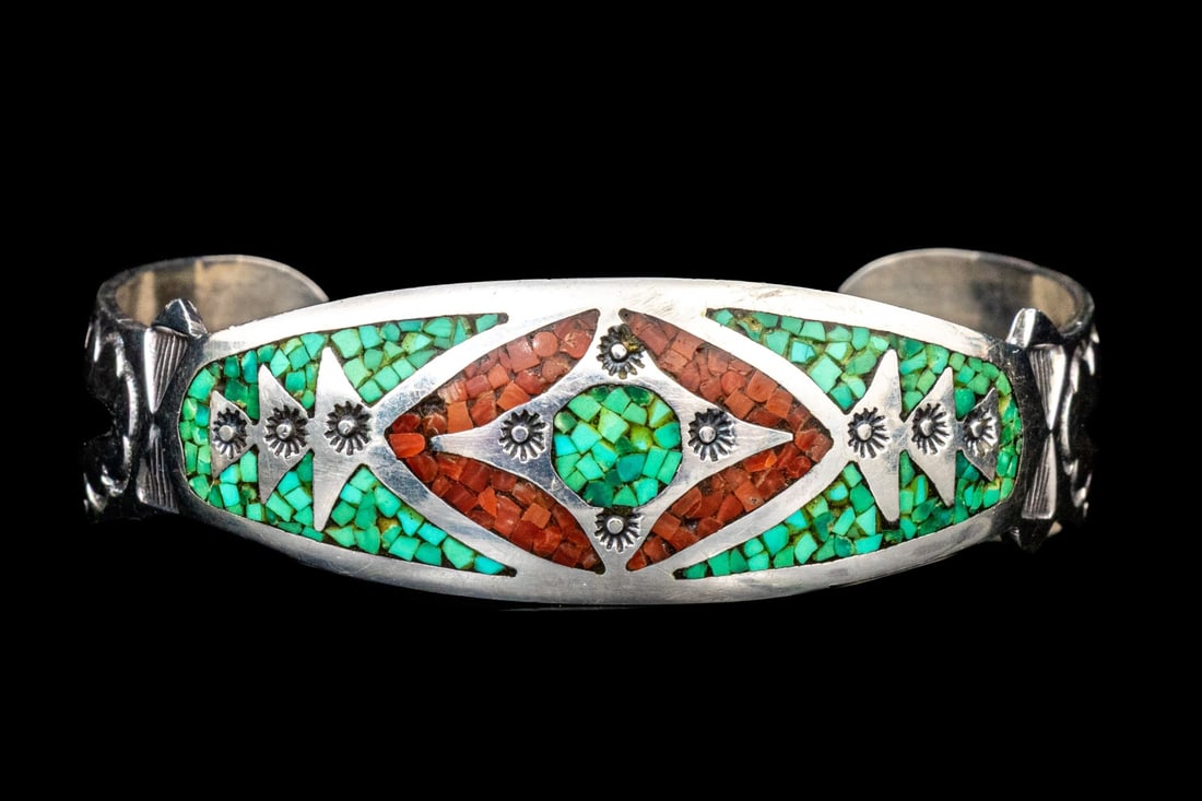NAVAJO RICHARD BEGAY IMPORTANT STERLING SILVER AND MOSAIC INLAY CUFF BRACELET (1 of 8)