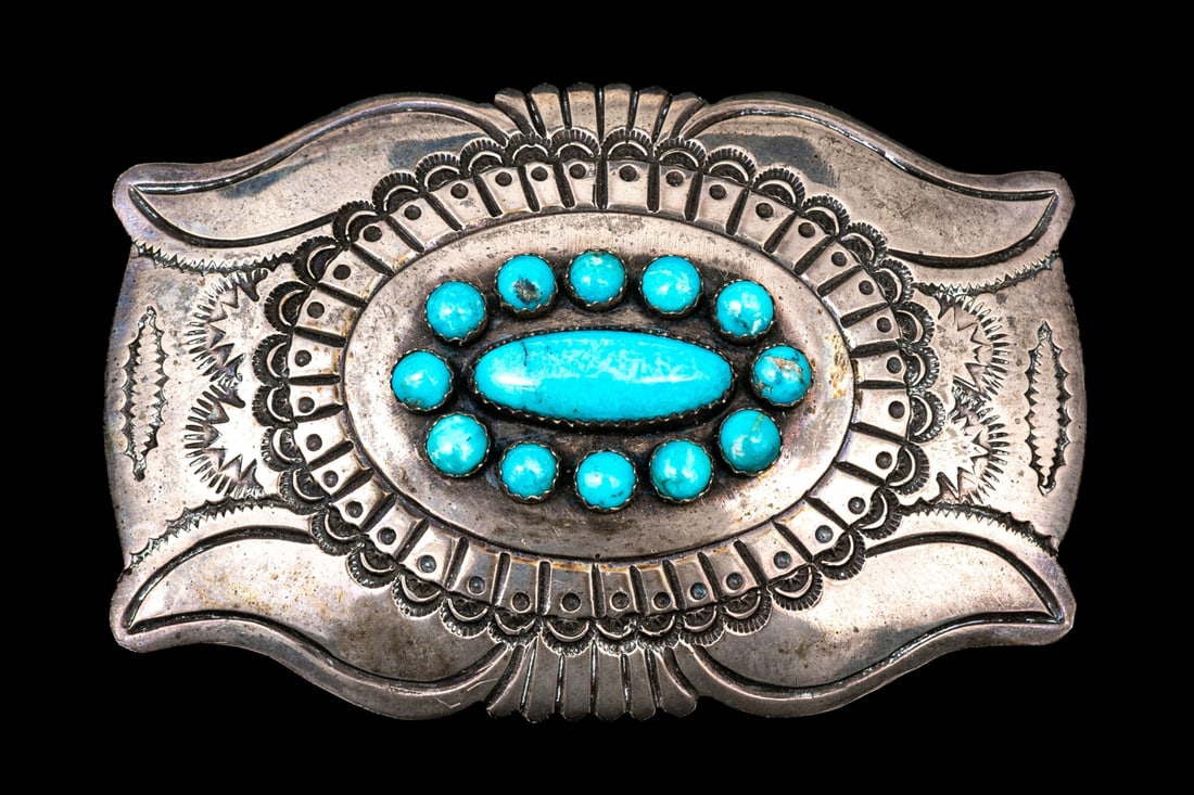 NAVAJO JAMES SHAY SPLENDID STERLING SILVER CABACHON TURQUOISE SET BELT BUCKLE (1 of 6)