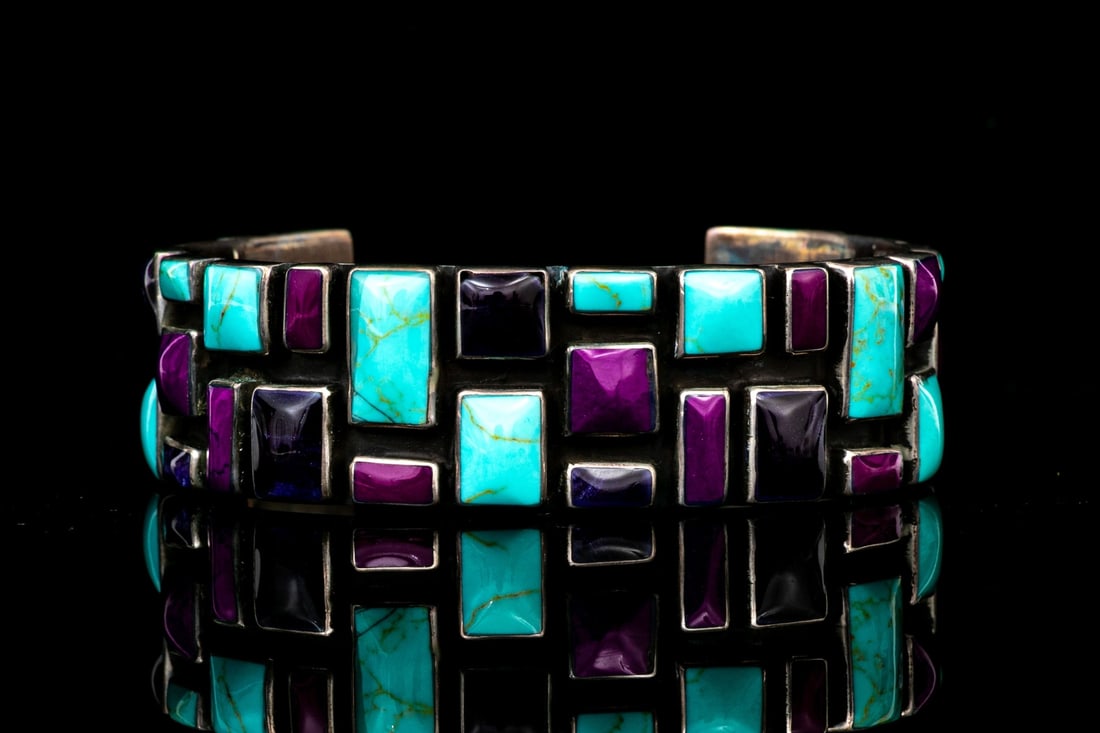 MEXICO STERLING SILVER ARCHITECTURAL STYLE BLUE AND PURPLE TONED CUFF BRACELET (1 of 11)