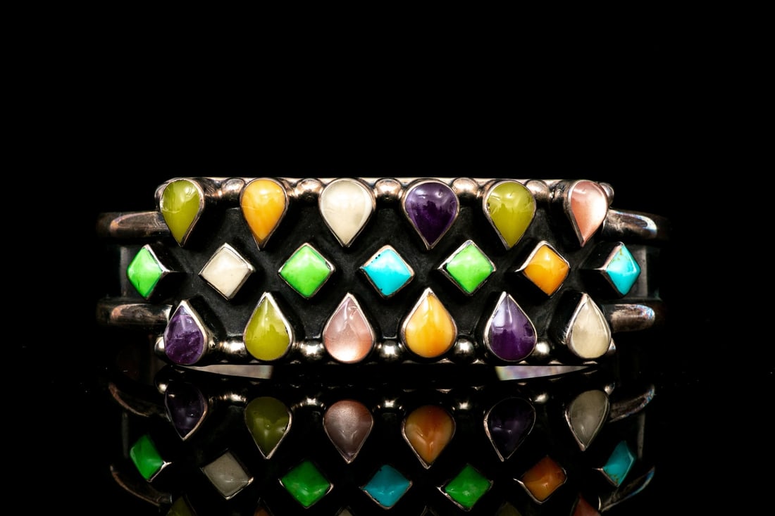 MEXICO STERLING SILVER COLORFUL HEAVY PATTERNED CUFF BRACELET (1 of 13)