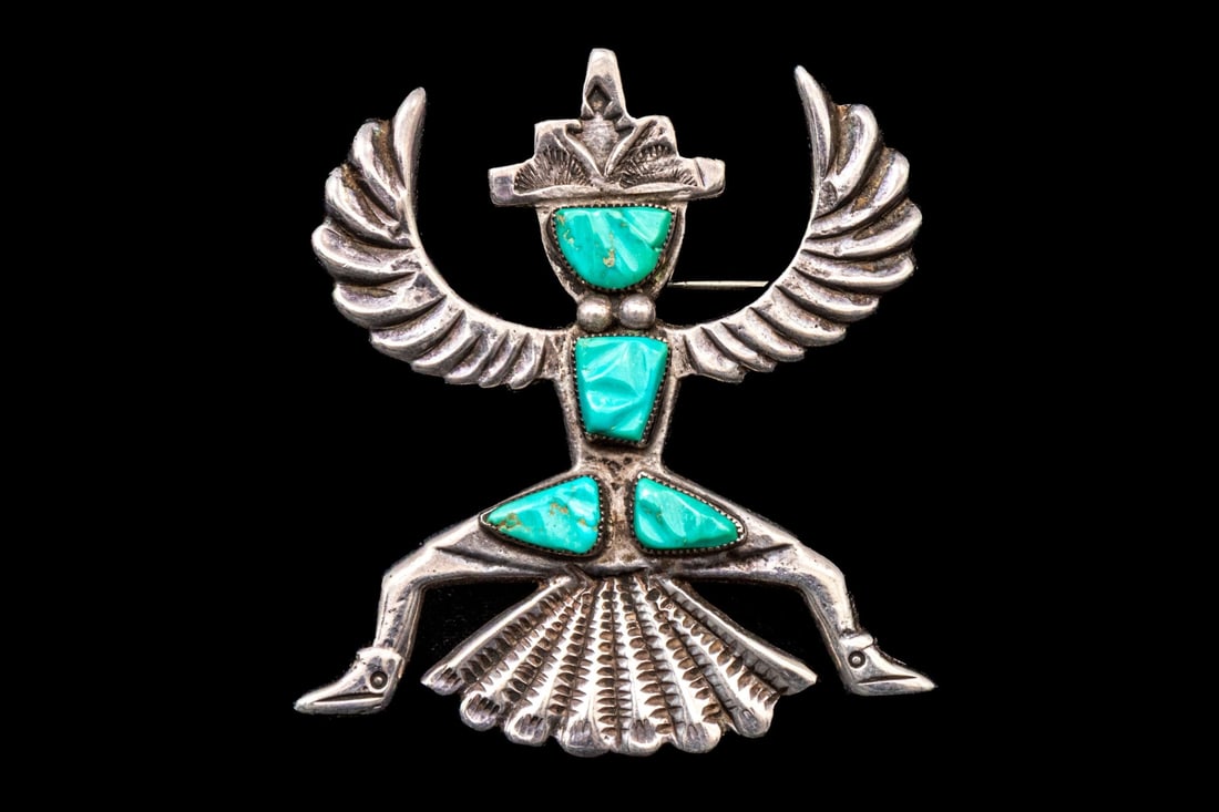 ZUNI STERLING SILVER TURQUOISE SET KNIFEWING MOTIF BROOCH (1 of 8)