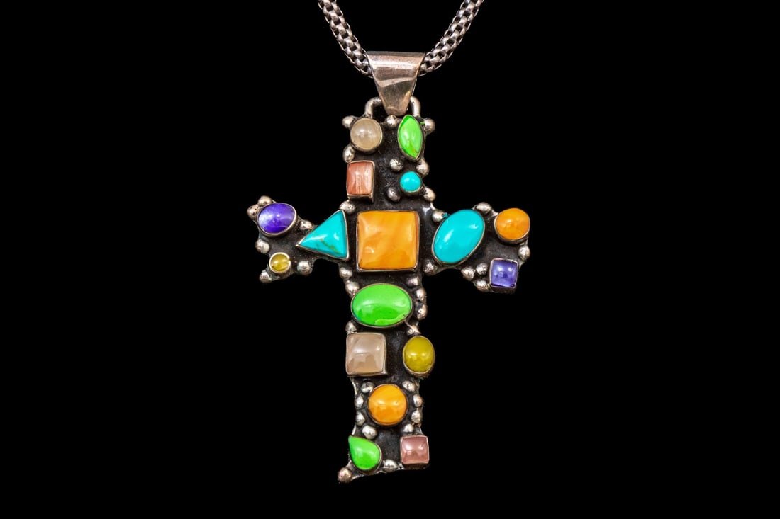 STERLING SILVER SUPERB LARGE COLORFUL HARDSTONE PAVED CROSS, WITH CHAIN (1 of 10)