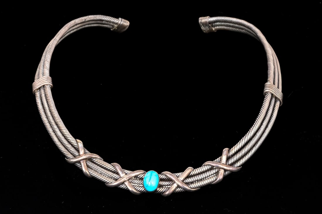 STERLING SILVER REFINED TRIPLE ROW TURQUOISE SET "X" MOTIF CABLE CHOKER (1 of 7)