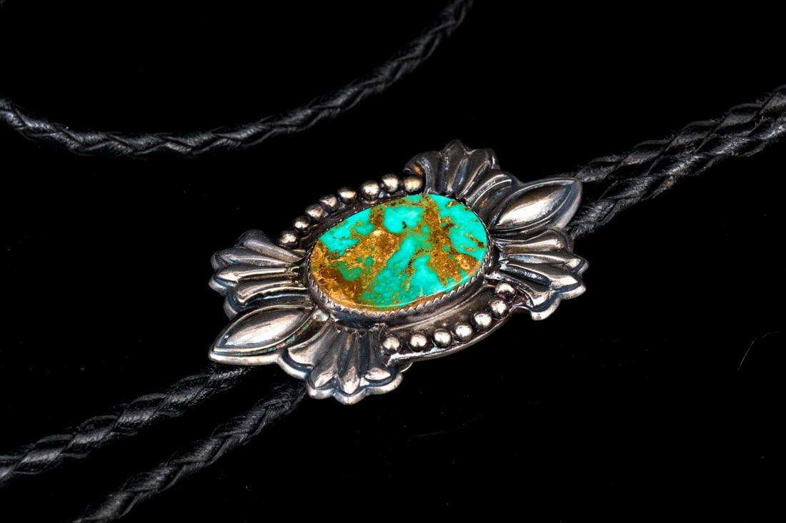 STERLING SILVER DISTINCTIVE TURQUOISE SET BOLO ON BRAIDED LEATHER CORD (1 of 7)