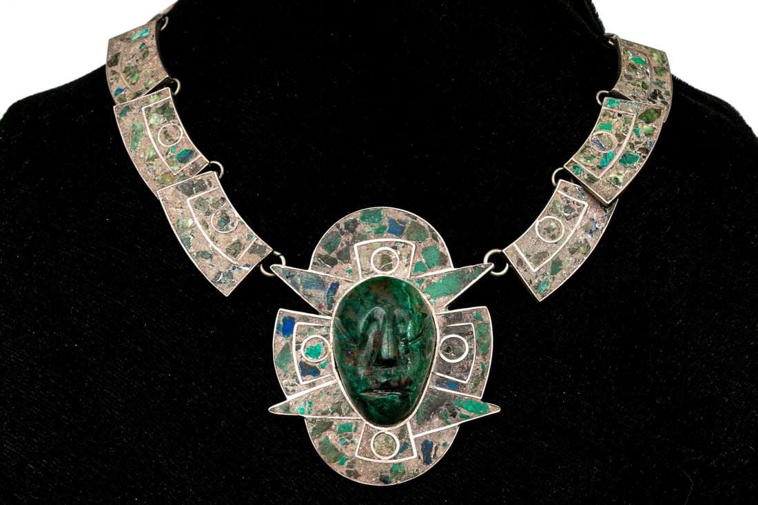 STERLING SILVER FORMIDABLE CRUSHED AZURITE MASK MOTIF NECKLACE (1 of 11)