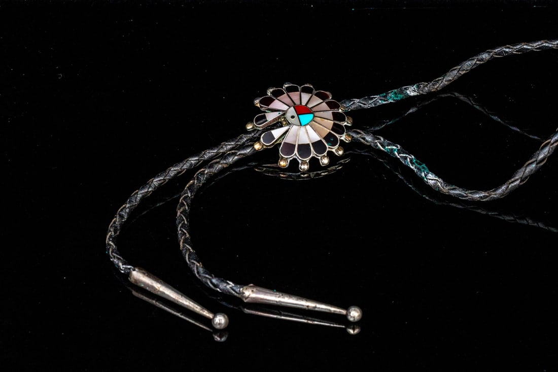 ZUNI BENNETT STERLING SILVER INLAID LARGE SUNFACE HEADDRESS MOTIF BOLO, ON BLACK LEATHER CORD (1 of 11)