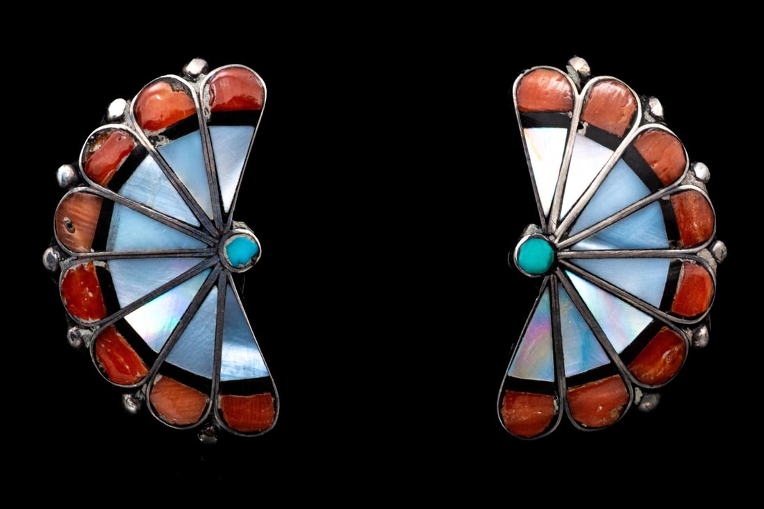 STERLING SILVER SOUTHWESTERN INLAY FAN MOTIF CLIP ON STYLE EARRINGS: Sterling silver Southwestern inlay fan motif clip on style earrings. These striking earrings are a fan motif, set with Coral, mother-of pearl, onyx and turquoise and are finished with clip on style