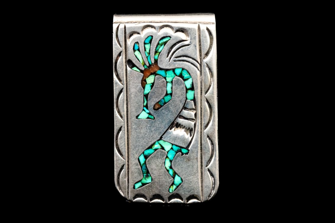 NAVAJO LEANDER NEZZIE INLAID KOKOPELI FORM MONEY CLIP (1 of 7)
