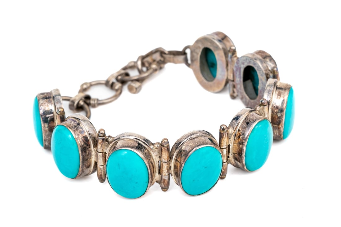 STERLING SILVER ELEGANT CABACHON HINGED LINK BRACELET - 6
