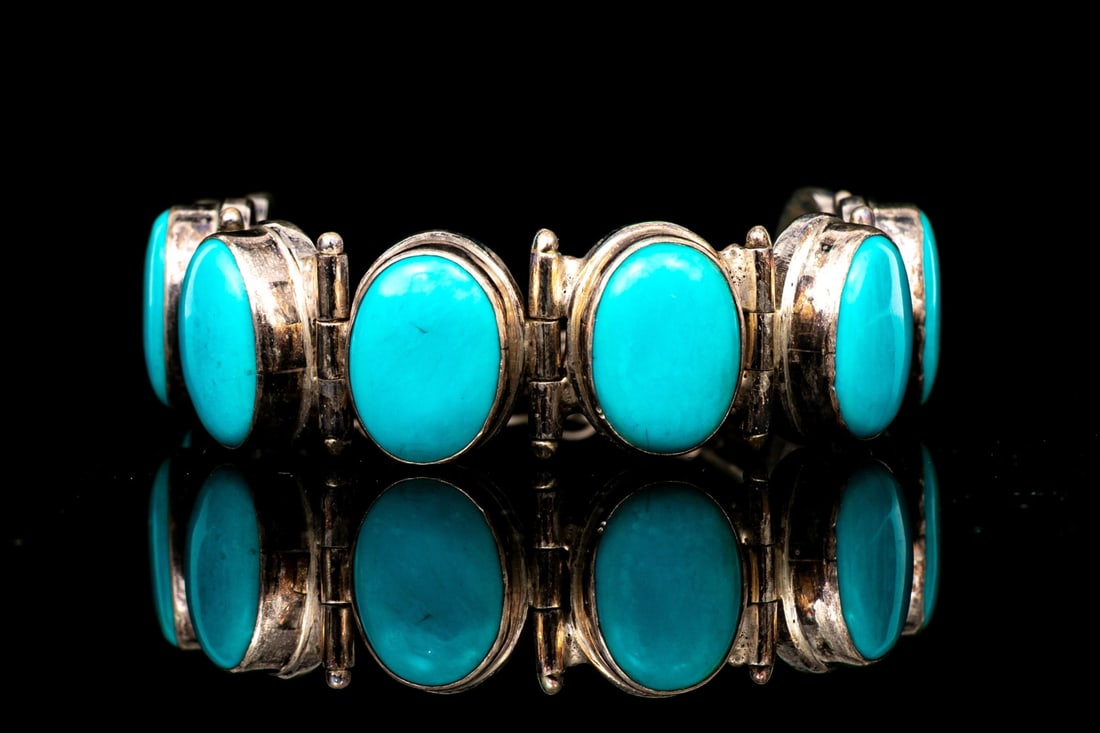STERLING SILVER ELEGANT CABACHON HINGED LINK BRACELET - 7