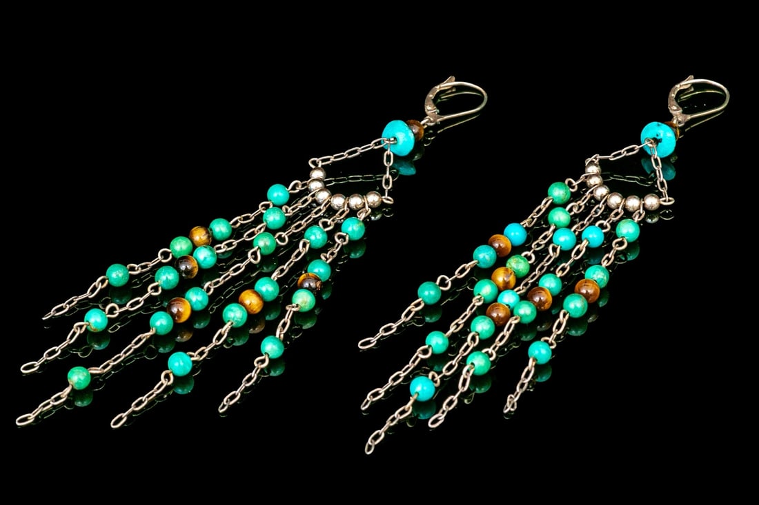 STERLING SILVER ATTRACTIVE ULTRA-LONG TURQUOISE AND TIGER'S EYE SET CHANDELIER EARRINGS (1 of 6)