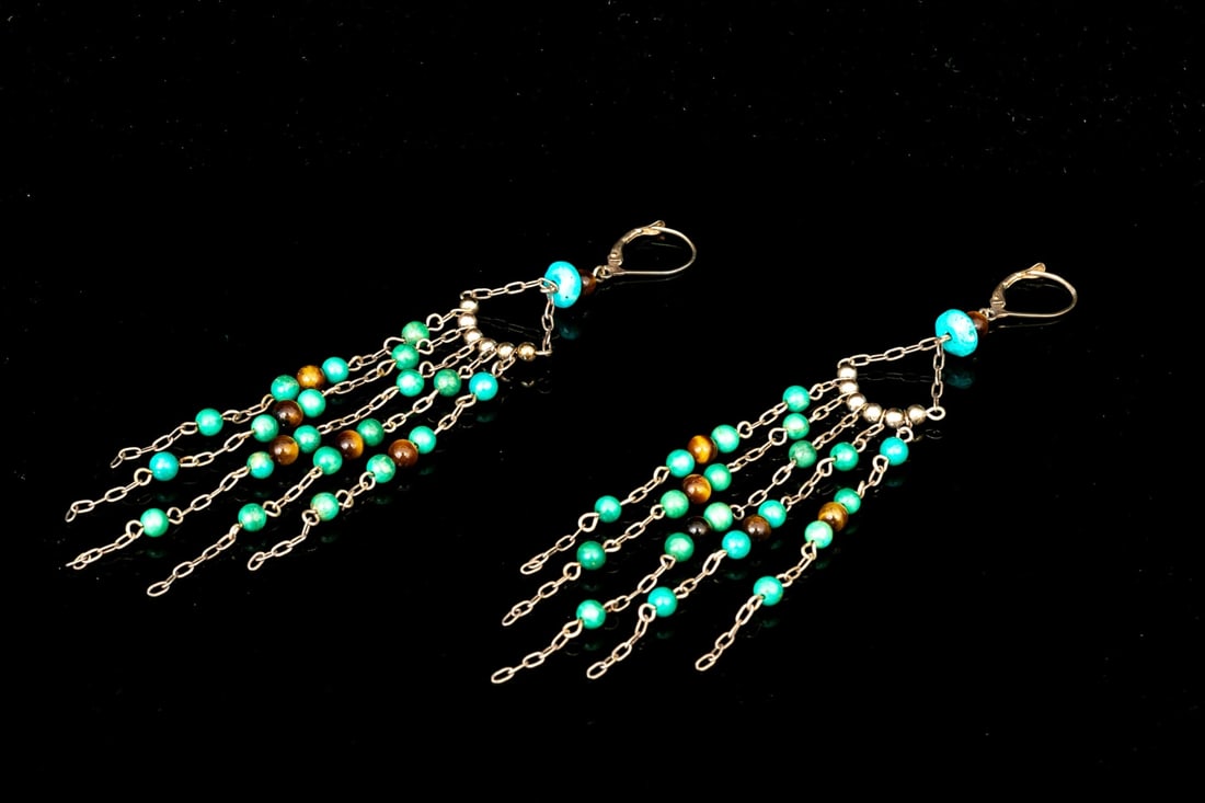 STERLING SILVER ULTRA-LONG TURQUOISE AND TIGER'S EYE SET CHANDELIER EARRINGS (1 of 6)