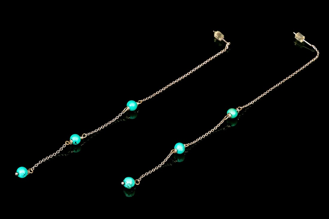 STERLING SILVER SIMPLE LONG DROP CHAIN TURQUOISE BEAD STATION EARRINGS (1 of 4)