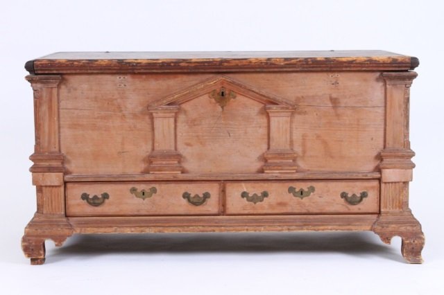 AMERICAN BLANKET CHEST: With architectural detail, the rectangular top over two drawers, flanked by columns and corner columns, replaced hardware