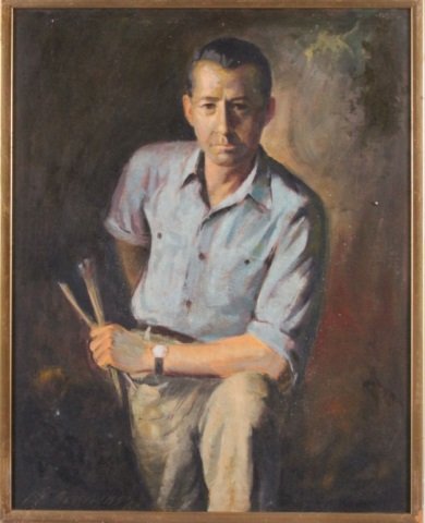BERNARD BURROUGHS (1912-1983, American): "Painting Real", self portrait, oil on artist board, 20" x 16"