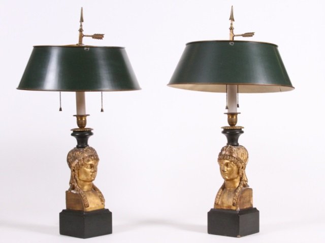 PAIR OF ANTIQUE FIGURAL LAMPS: 19th century carved wood and gessoed Caryatids, now mounted as lamps, with bronze mounts and tole shade, 25 1/2" high overall, losses to gilt and gesso