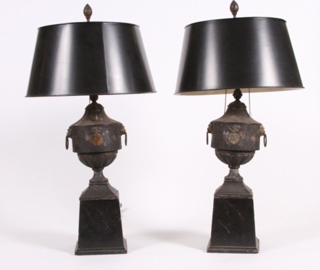 PAIR OF TOLE URNS: With matching shades, now mounted as lamps, 26" high overall, 19th century, losses to paint