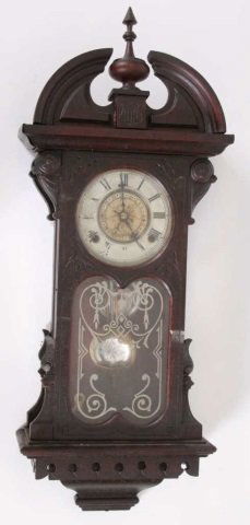 AMERICAN REGULATOR CLOCK, THIRTY DAY: Moon face with etched mirrored crystal pendulum, 28" high