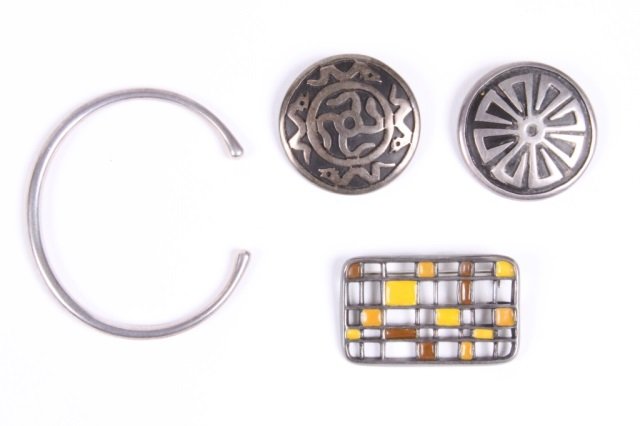 GROUP OF MID CENTURY SILVER JEWERLY: including: UNI David Anderson modern pin with yellow and brown enamel (1 3/4" long), two Mexican silver circular dress pins and Danish silver bracelet.