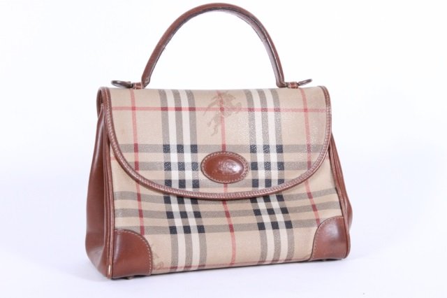 BURBERRY VINTAGE HANDBAG: In traditional plaid with leather trim, 9 1/2" long x 7 1/2" high, 11" high with handles