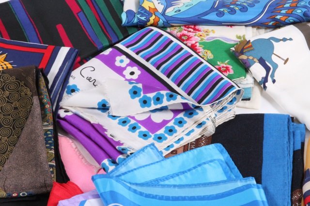 GROUP OF THIRTY + LADIES SCARVES: Including Gucci, Pierre Cardin, Couregges & Dior