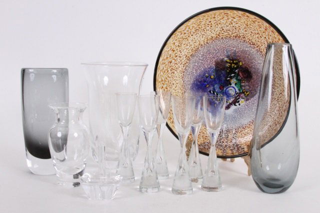 MID CENTURY MODERN ART GLASS GROUP: Including: Kostaboda art glass bowl; artist signed B. Vallien #79320, 10 1/2" diameter, Orrefors 7 1/2" vase, clear, 9" smoky glass vase (scratched), Orrefors smoked glass vase, 7 1/4" h, Steuben ball