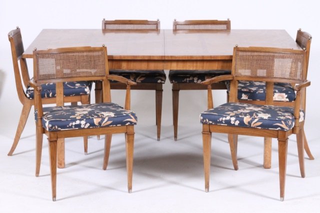 MID CENTURY MODERN DINING CHAIRS & TABLE: Walnut with brass ball finials, caned backs, upholstered seats and tapering legs,Table: Walnut with cross banding and burl wood center, raised on straight legs, 68" long x 29" high x 44" wide, with on
