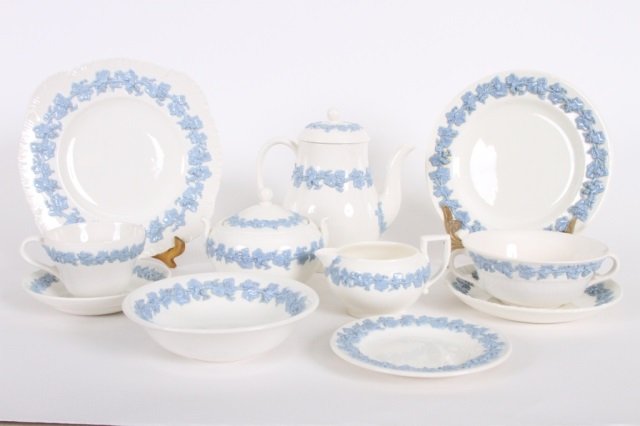 WEDGWOOD ETRURIA, QUEENSWARE LUNCH SERVICE: Comprised of: [6] 8 1/4" lunch plates, [6] 6 1/4" soup bowls, [9] 6 3/4" bouillon saucers, [4] 5 1/2" bouillon cups, [8] 5 1/2" saucers, [5] 3 1/2" diameter teacups, [6] 5 3/4" bread and butter plates