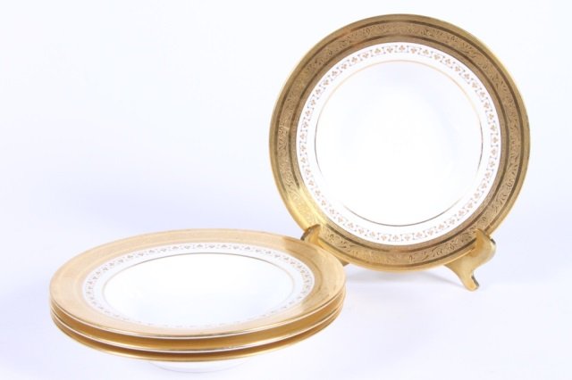 MINTON FOR TIFFANY & CO SET OF 11 SOUP BOWLS: Decorated with elaborate raised gilt decoration, 7 3/4" diameter