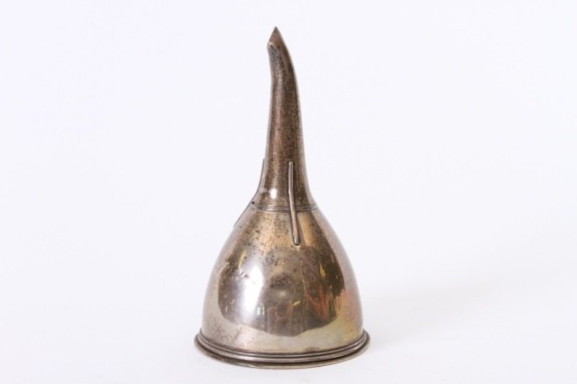 GEORGE III STERLING SILVER WINE FUNNEL: Peter & Ann Bateman, 1809-10, 5 1/2" long over all, 1/2" crack in the lower portion of the funnel and a small area of pitting and loss just above the area, expected minor dents,