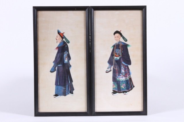 PAIR OF LATE QING DYNASTY PAINTING: painted on mulberry paper of two mandarins, 10" x 4 3/4" each