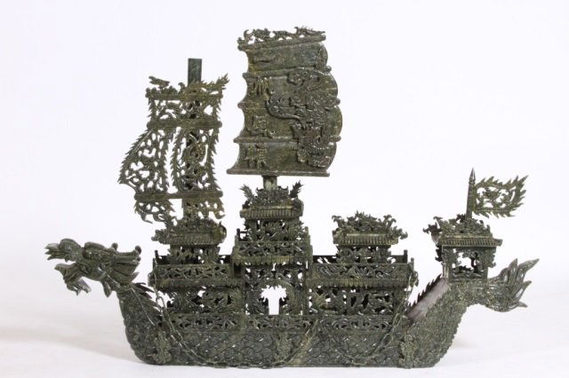 CHINESE CARVED MODEL OF A DRAGON BARGE: 48" L (some pieces lacking)