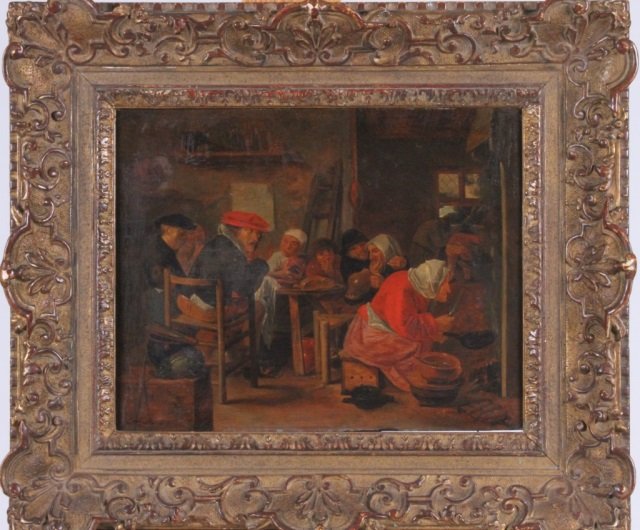 DUTCH SCHOOL: Tavern scene, oil on canvas, 13" x 16",