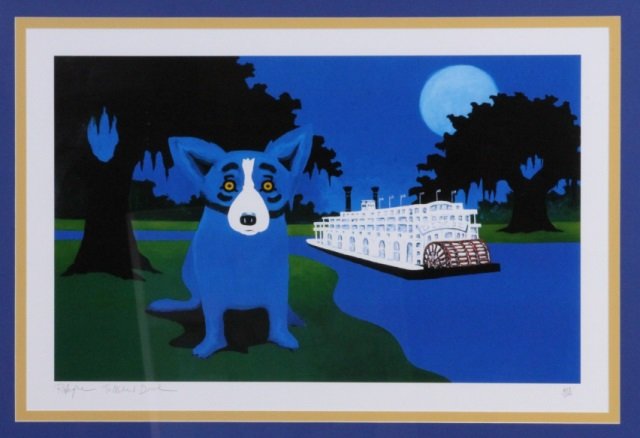 GEORGE RODRIGUE (AMERICAN, b. 1944): "Blue Dog with Steamboat" numbered print 323/500, pencil signed lower left, 33" wide x 21 3/4" high sight